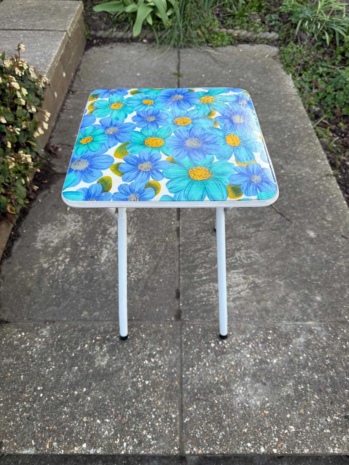 Retro Bright Blue Folding Floral Stool   Vintage Kitchen Stool, Folding Stool, Retro Stool, Playroom, Art Room Stool photo vintage