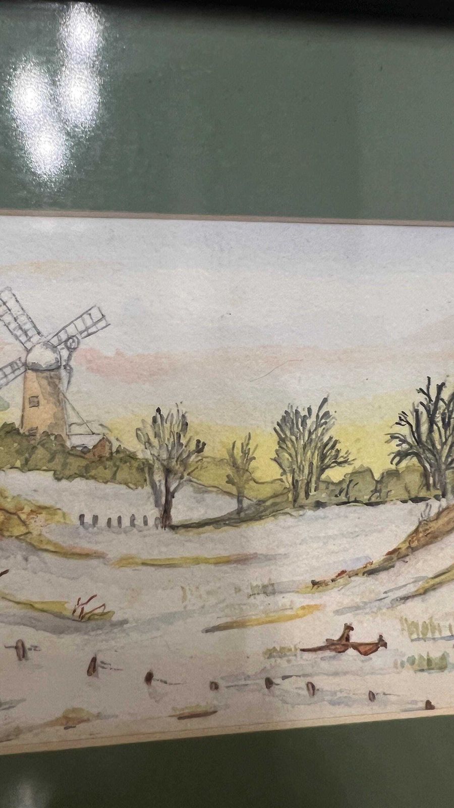 Signed 1959 Mid Century Watercolour Drawing – Pheasants In The Snow photo vinterior