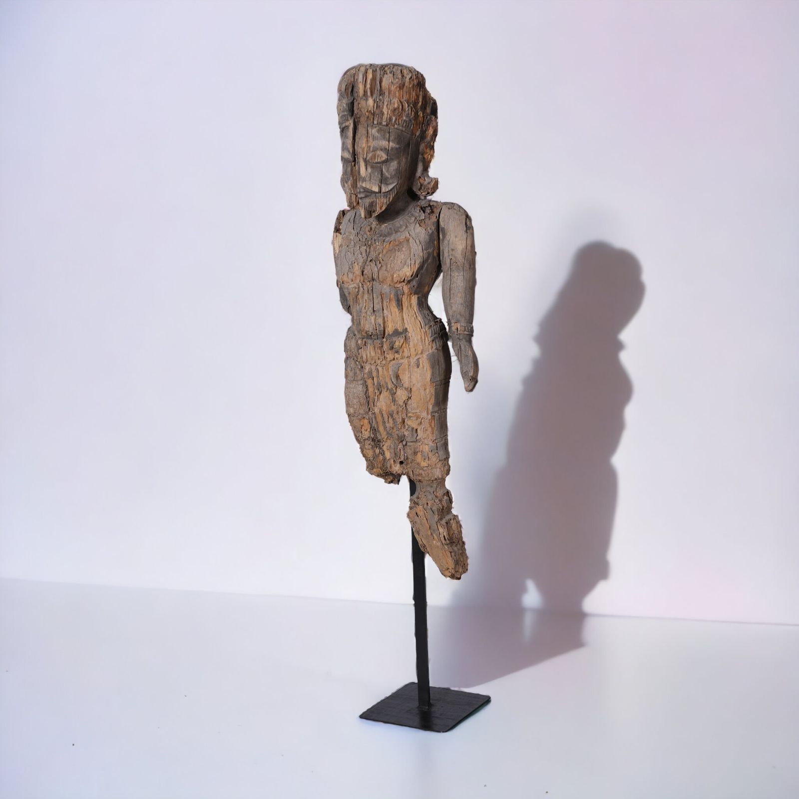 photo furniture 19th Century Hand Carved Indian King Sculpture | Antique Teakwood Figure On Iron Stand From Rajasthan