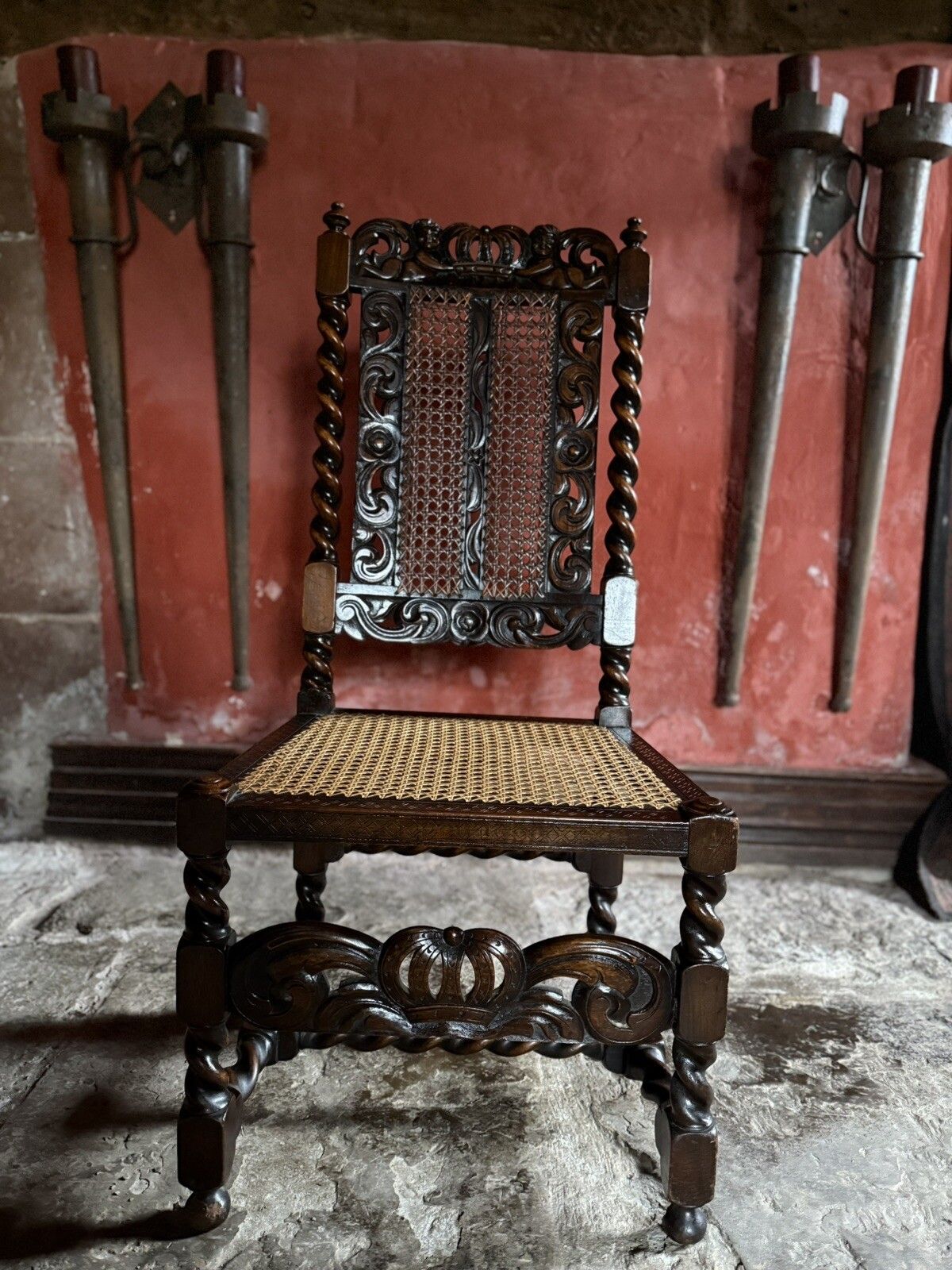 William And Mary Period Antique Walnut Hand Carved Ornate Hall Cane Chair photo vintage