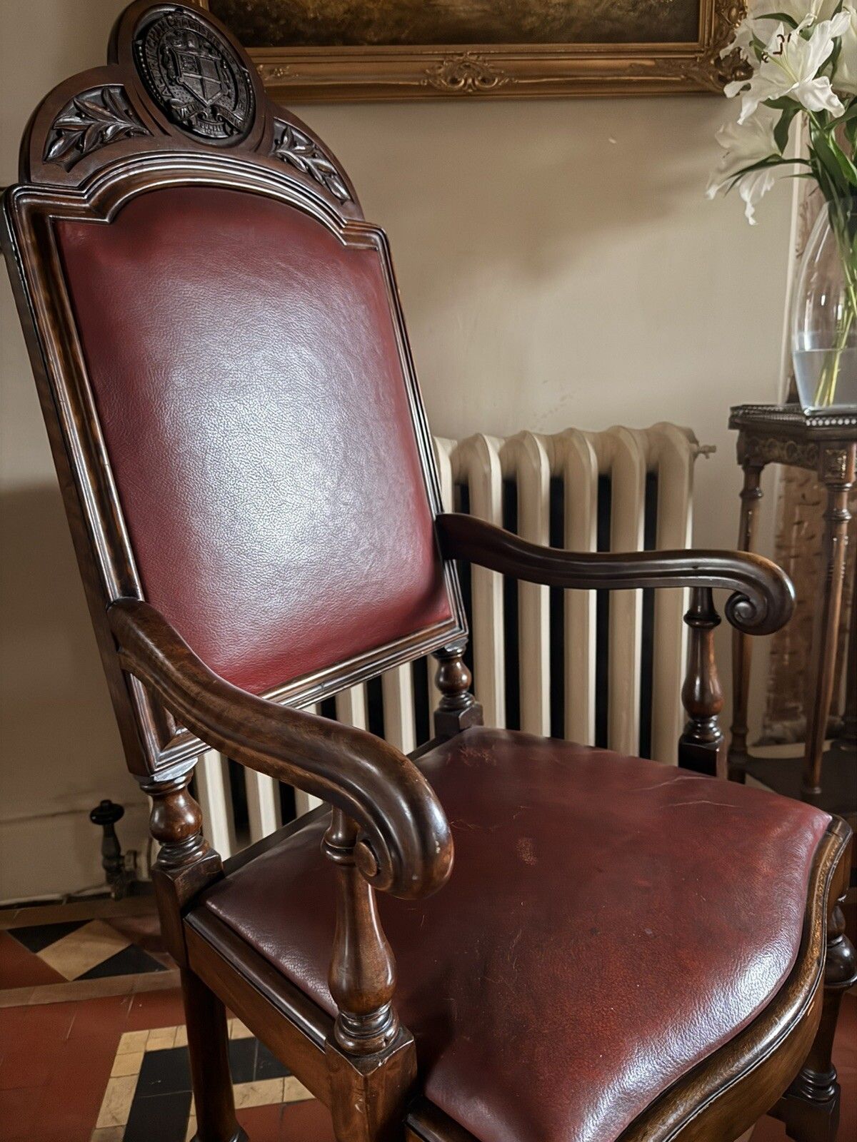 photo for sale High Quality Antique Walnut Red Burgandy Leather Armchair Chair Circa 1900