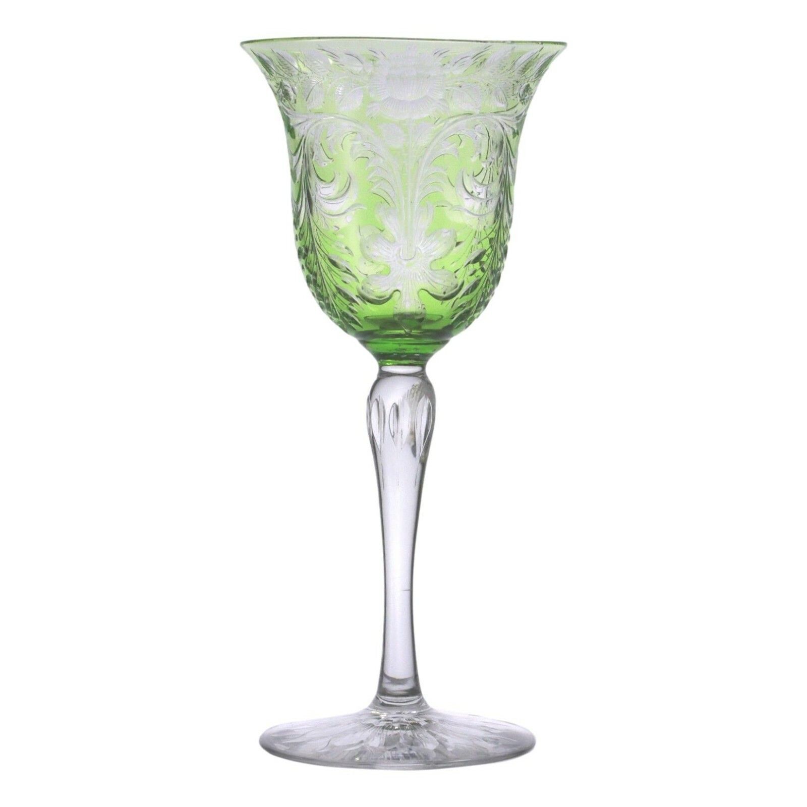 Stevens & Williams Crystal Green Fantasy Cut Wine Glass 6 1/2"