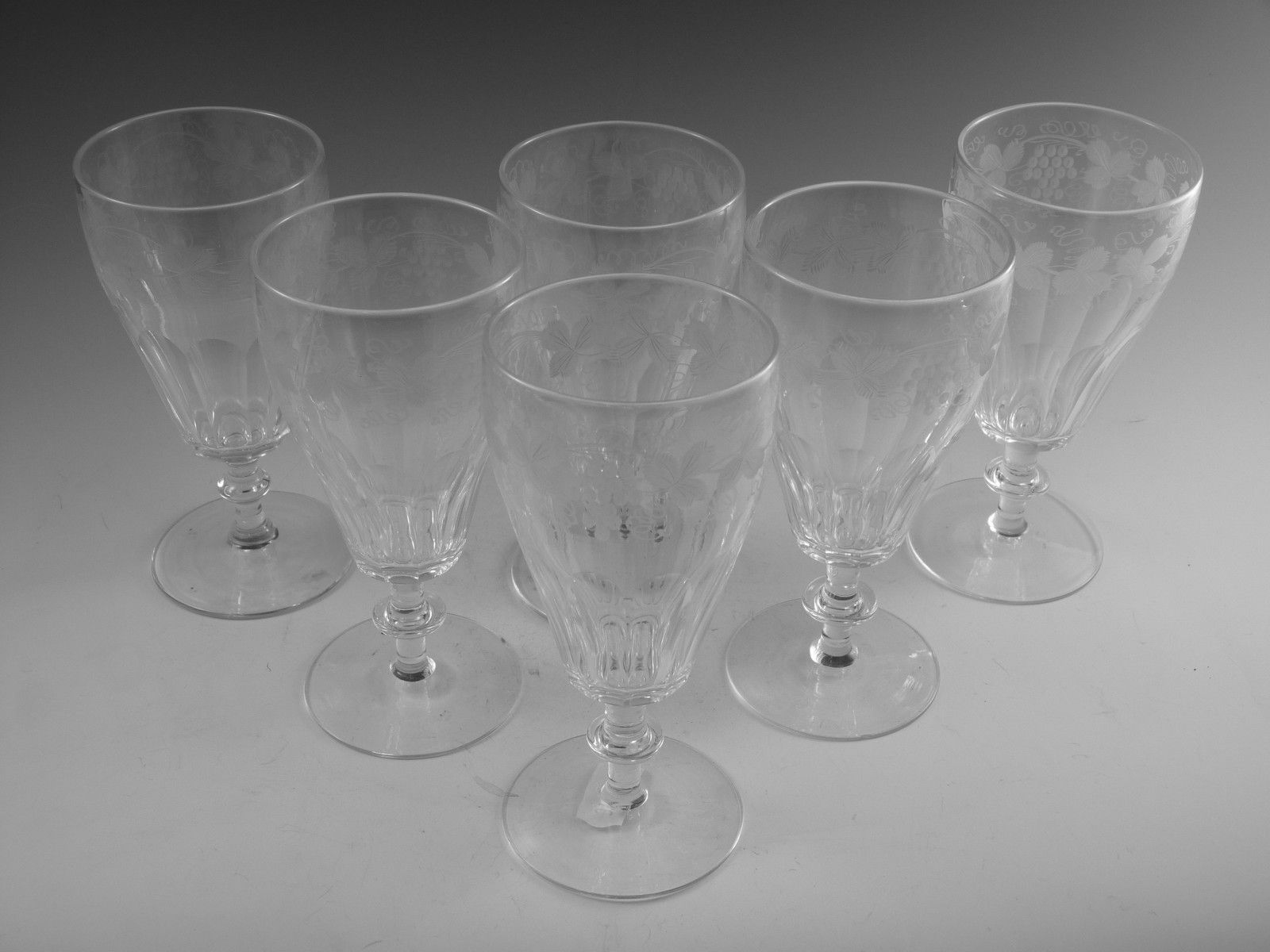 Antique Wine Glass / Glasses Fruiting Vine Pattern (F) Set Of 6 photo for sale
