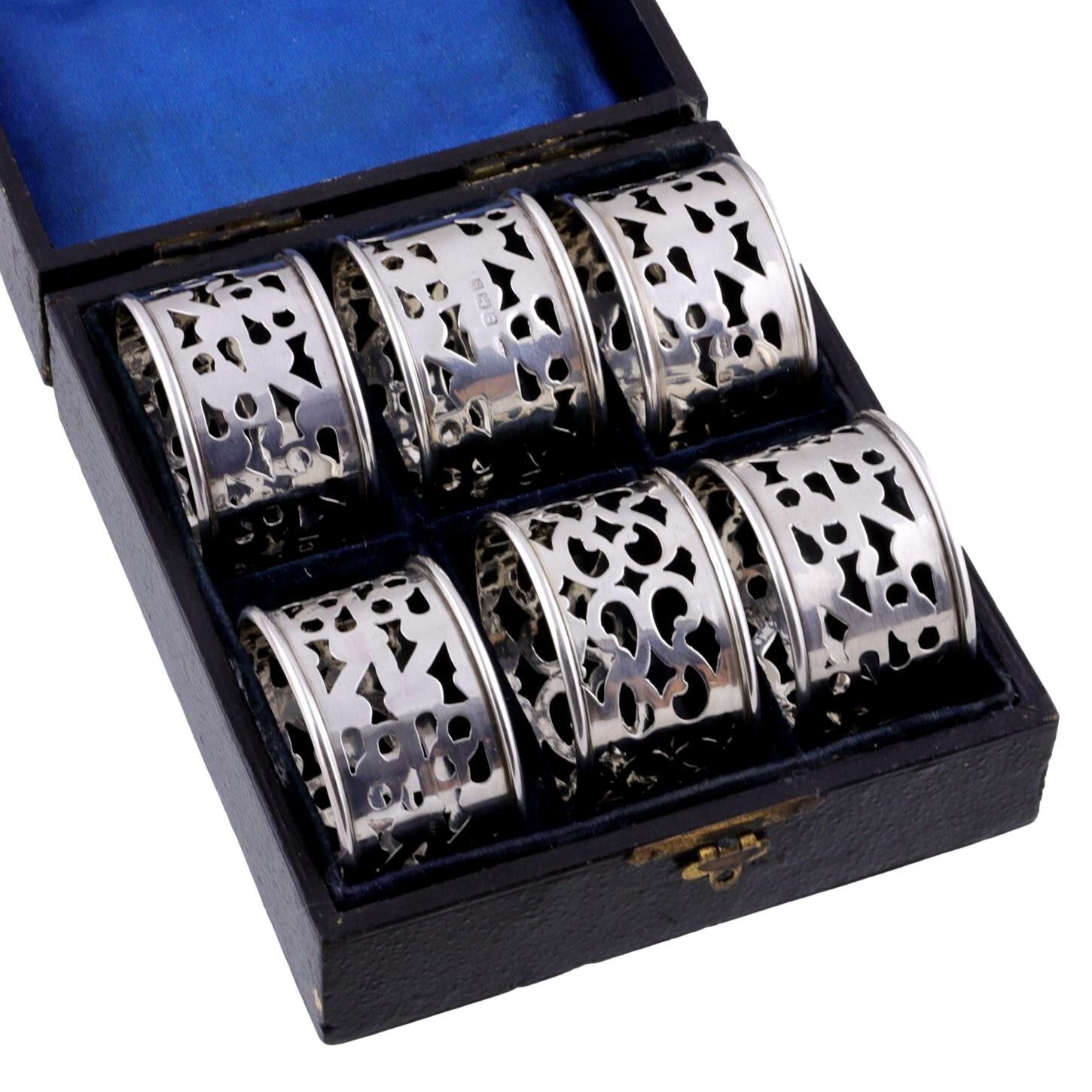 Antique Sterling Silver Set Of 6 Broadway & Co Napkin Rings Boxed  1906 1910