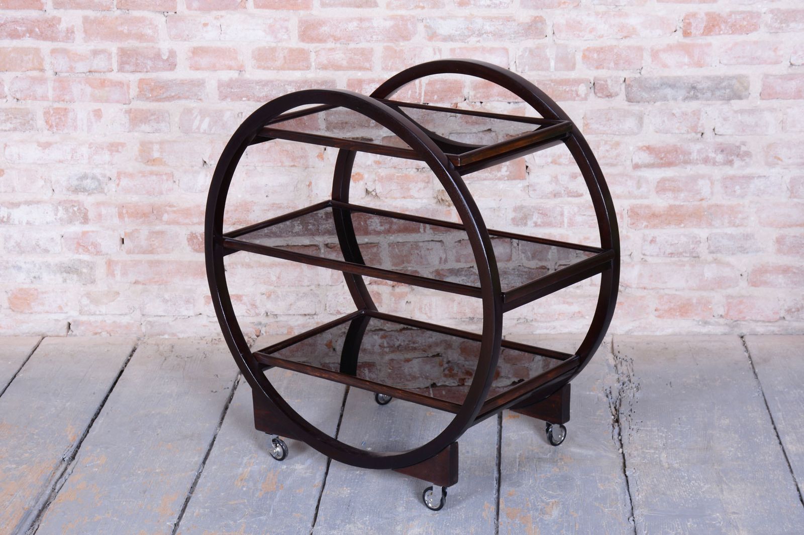 Restored Art Deco Trolley, By Thonet, Oak, Black Glass, Czech, 1930s photo furniture