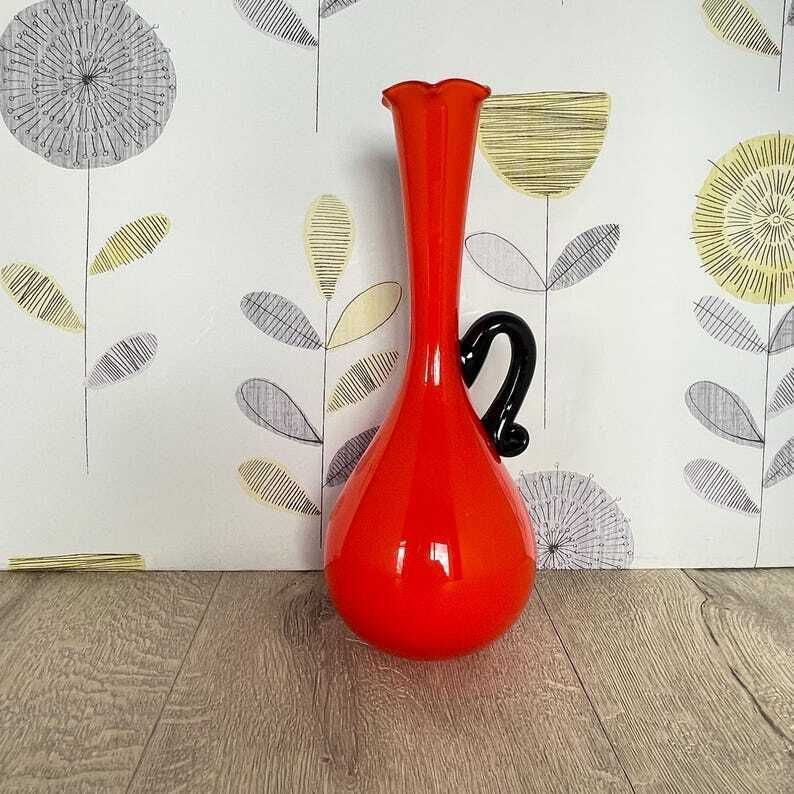 Flame Orange Red Empoli Glass Vase   Mid Century Modern Vase With Single Black Handle