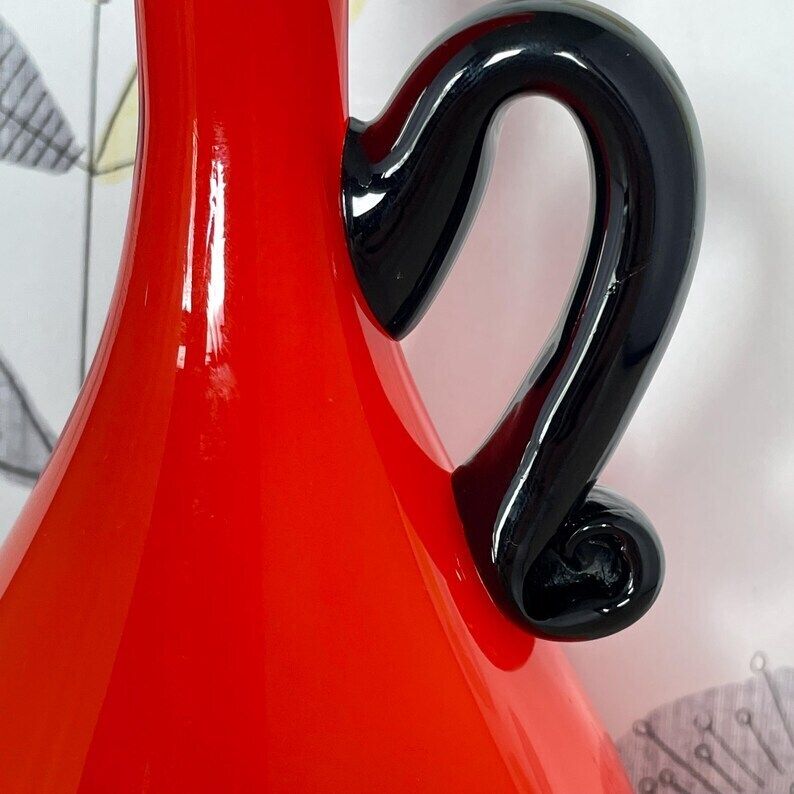 Flame Orange Red Empoli Glass Vase   Mid Century Modern Vase With Single Black Handle photo furniture