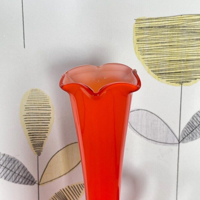 Flame Orange Red Empoli Glass Vase   Mid Century Modern Vase With Single Black Handle photo for sale