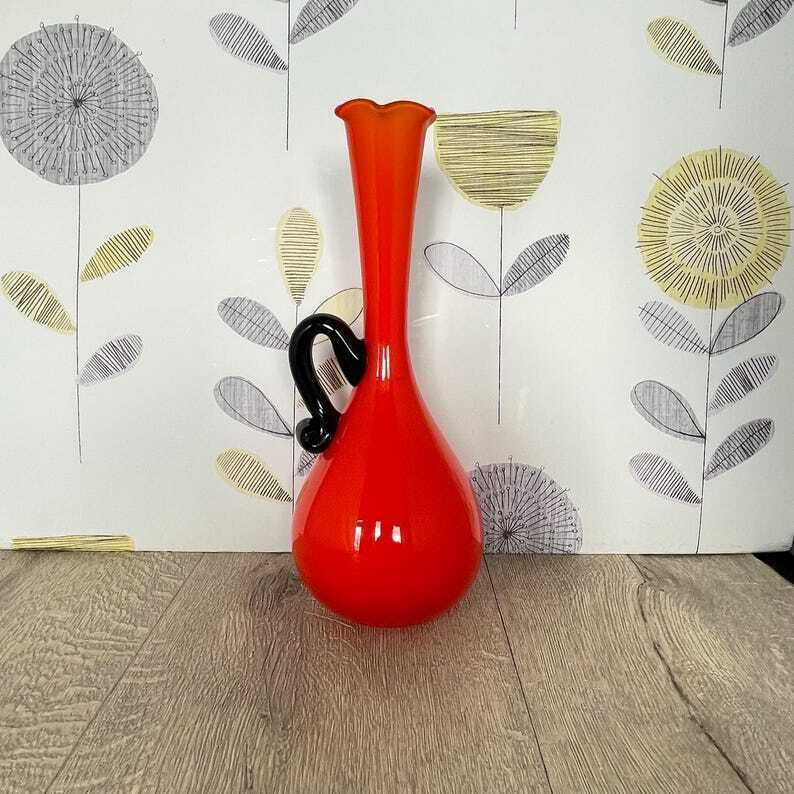 Flame Orange Red Empoli Glass Vase   Mid Century Modern Vase With Single Black Handle photo buy