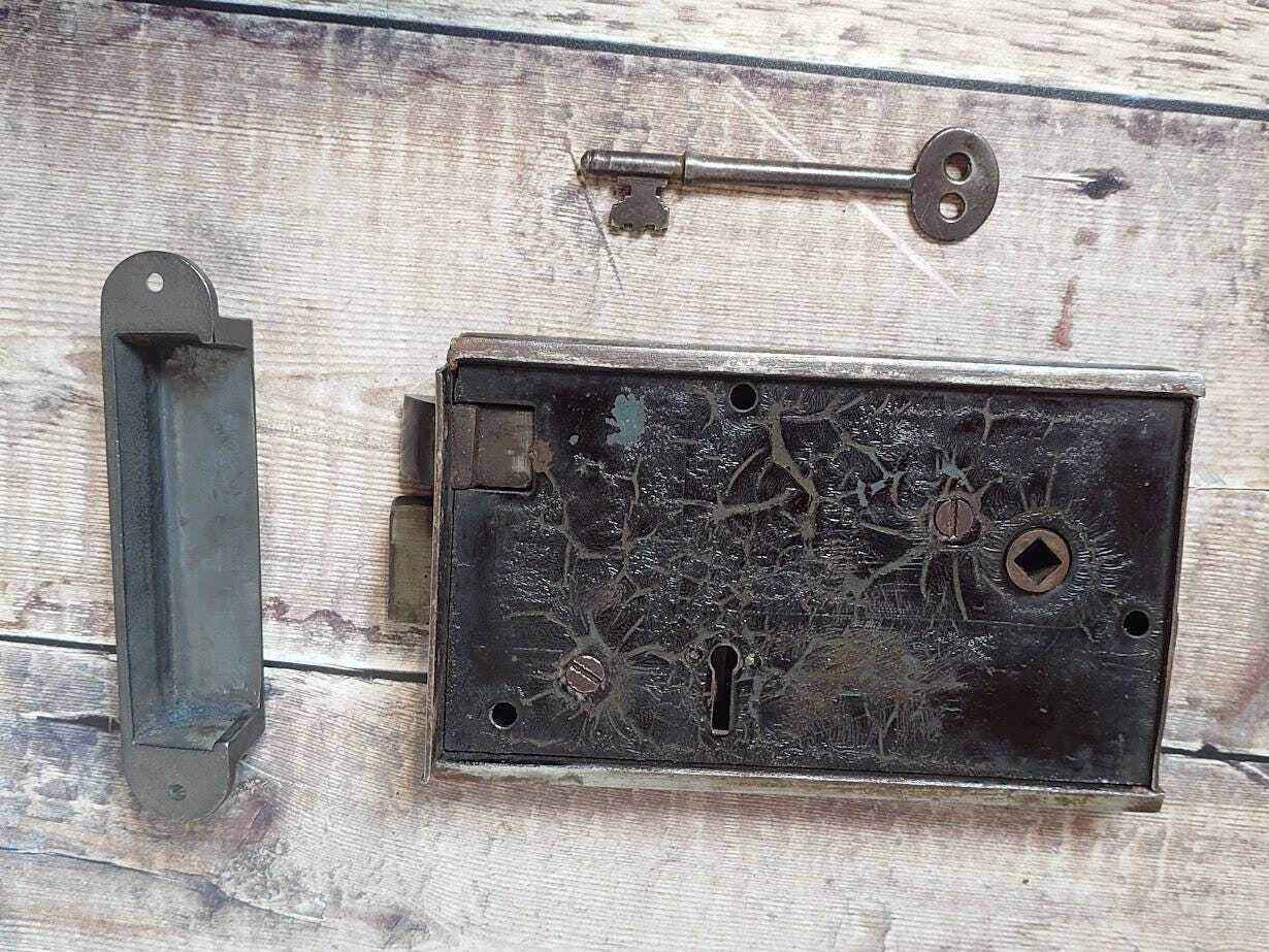 photo for sale Heavy Antique Lock With Iron Keep And Key, Old Rim Lock, Salvaged Steel Lock