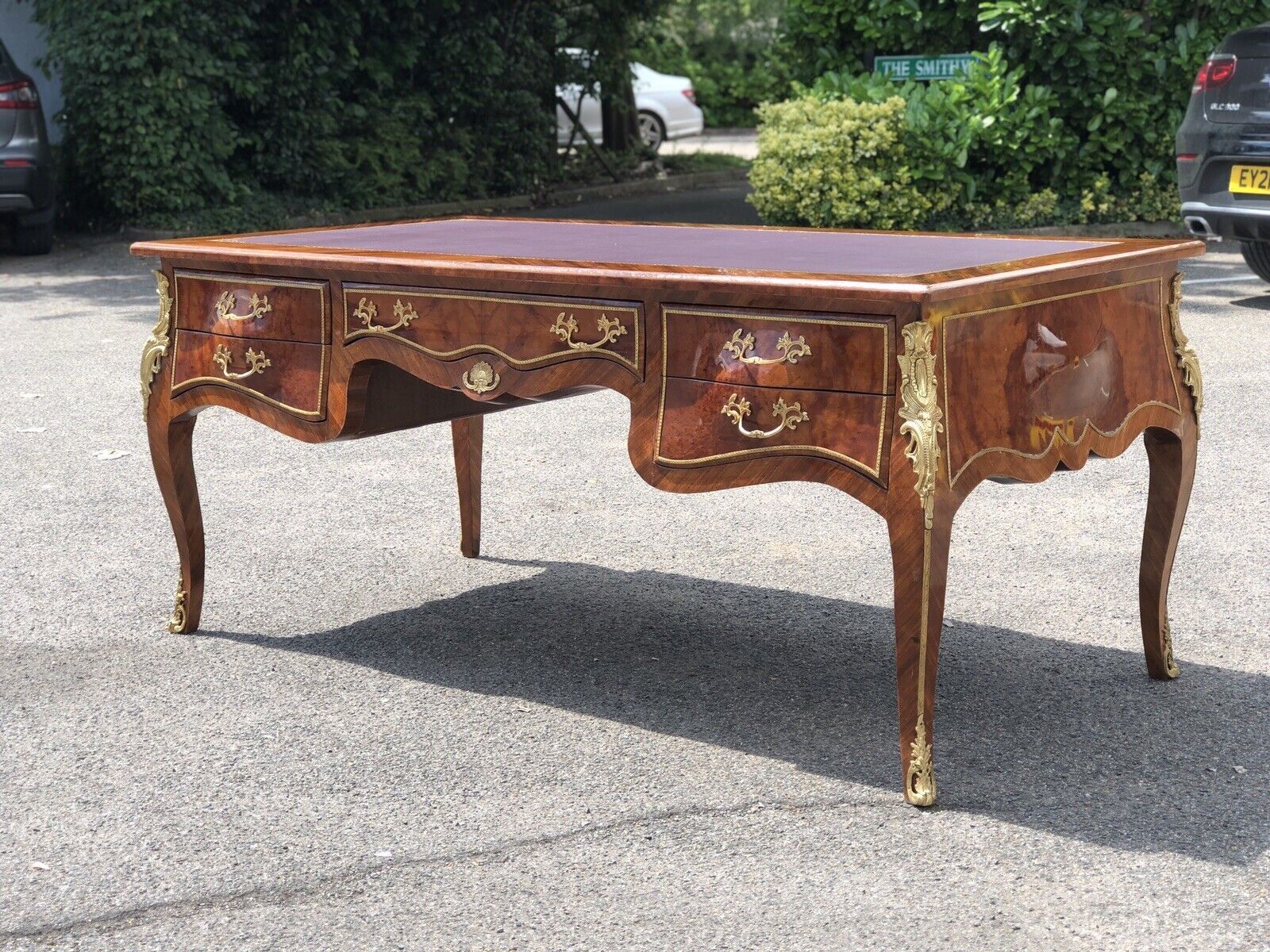 French Empire Style Large Inlaid Kingswood Desk With Brass Decoration photo Furniture