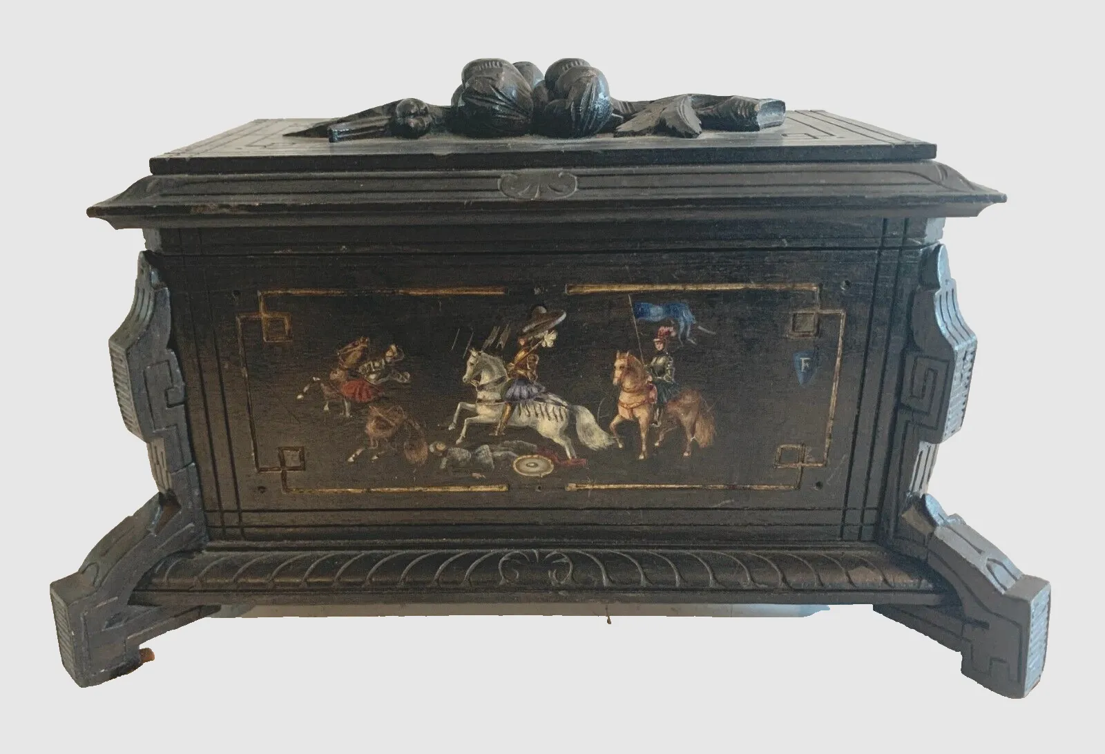 369.0 Black Wooden Carved Jewelry Box With Polychrome Decor 19th Century photo