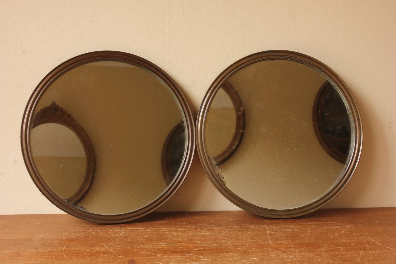 Pair Of Antique Bronze Round Mirrors. Two Hanging Wall Mirrors. C1900. photo for sale