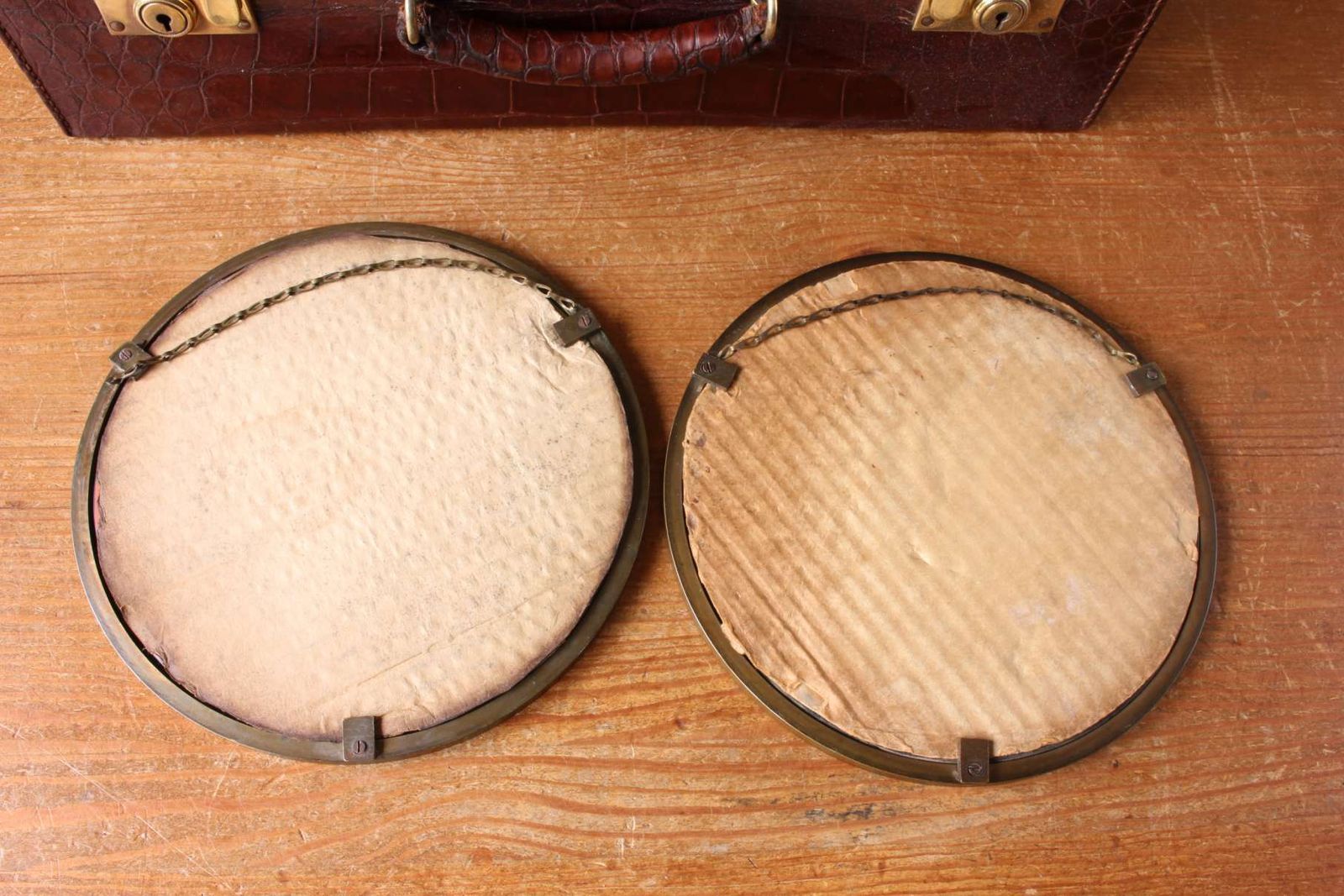 photo for sale Pair Of Antique Bronze Round Mirrors. Two Hanging Wall Mirrors. C1900.