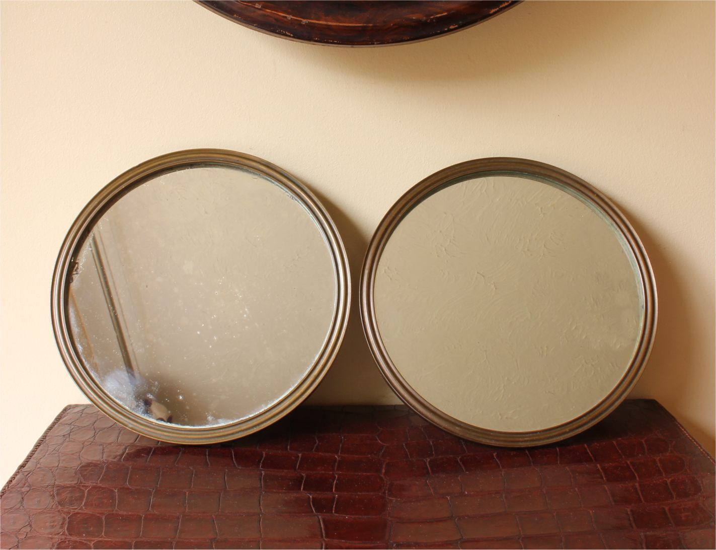 photo vinterior Pair Of Antique Bronze Round Mirrors. Two Hanging Wall Mirrors. C1900.