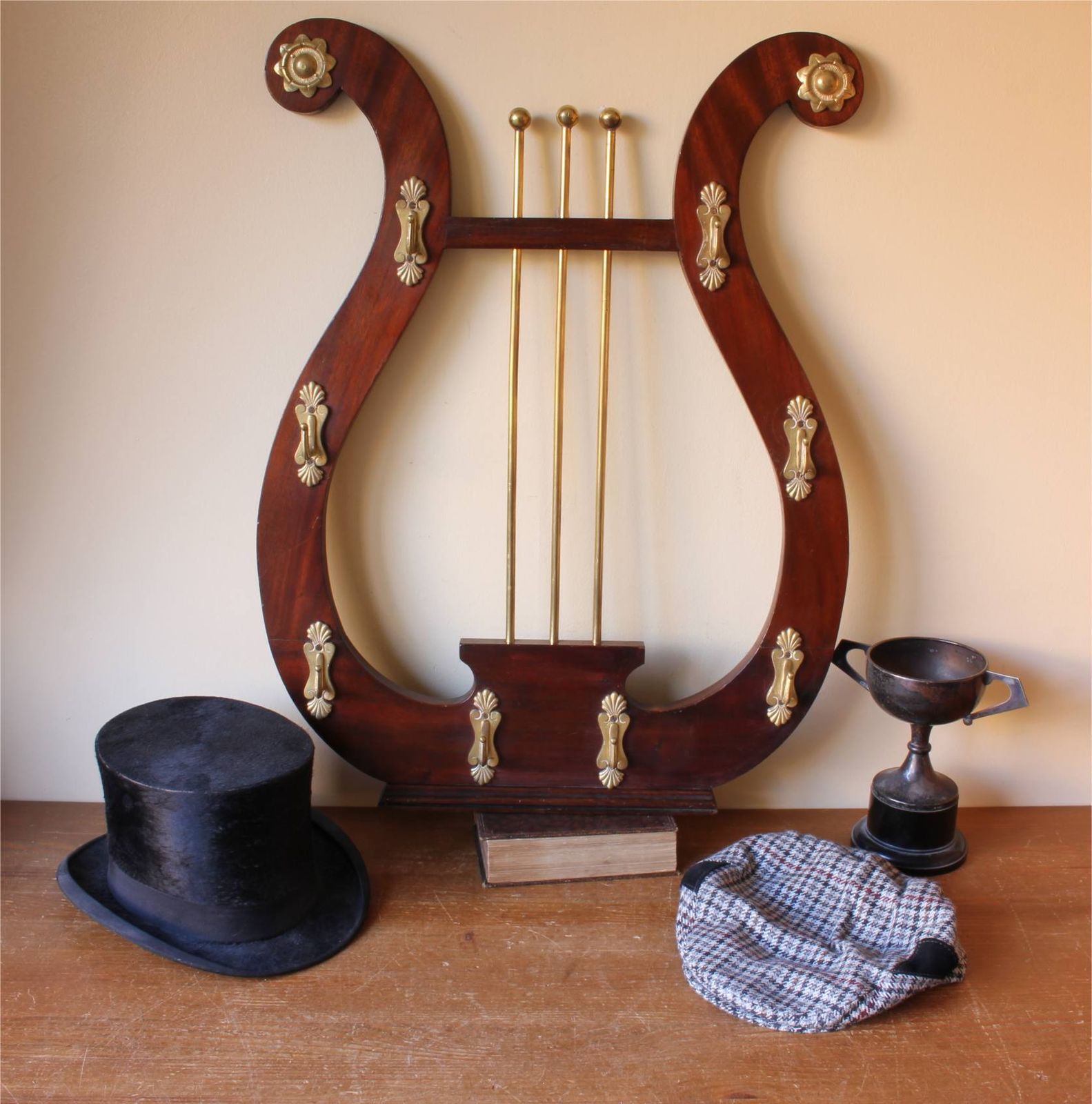 Lyre Shaped Riding Whip Rack. Victorian Wood & Brass Hat Coat Hook Stand.
