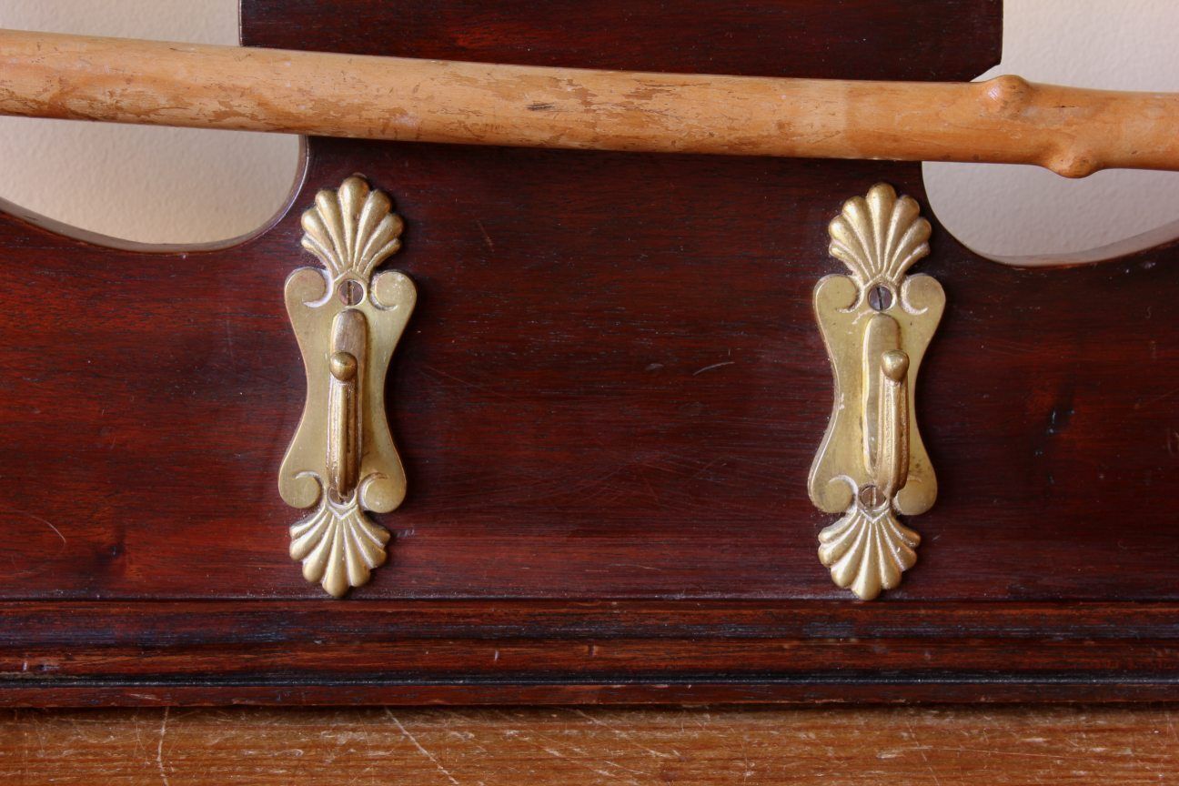 Lyre Shaped Riding Whip Rack. Victorian Wood & Brass Hat Coat Hook Stand. photo vintage