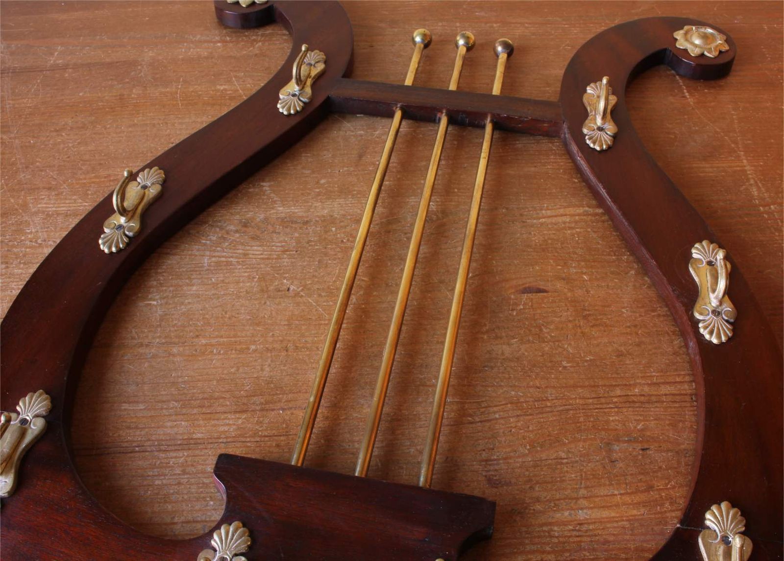 550.0 Lyre Shaped Riding Whip Rack. Victorian Wood & Brass Hat Coat Hook Stand. photo