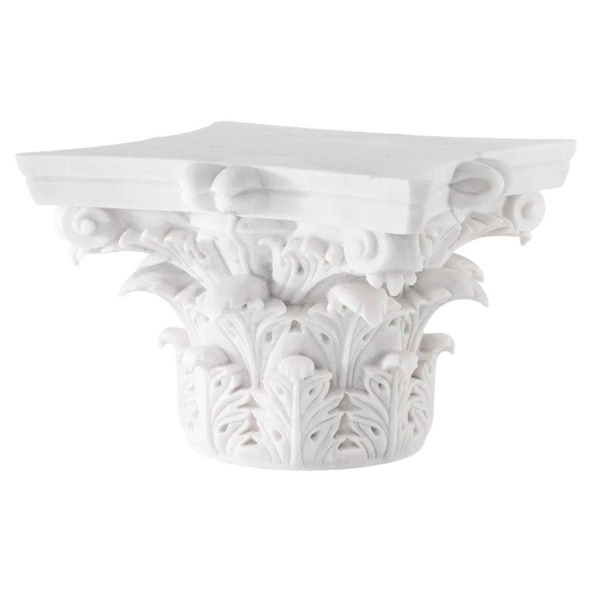 White Marble Coffee Table, Representing A Corinthian Capital, Contemporary Work.