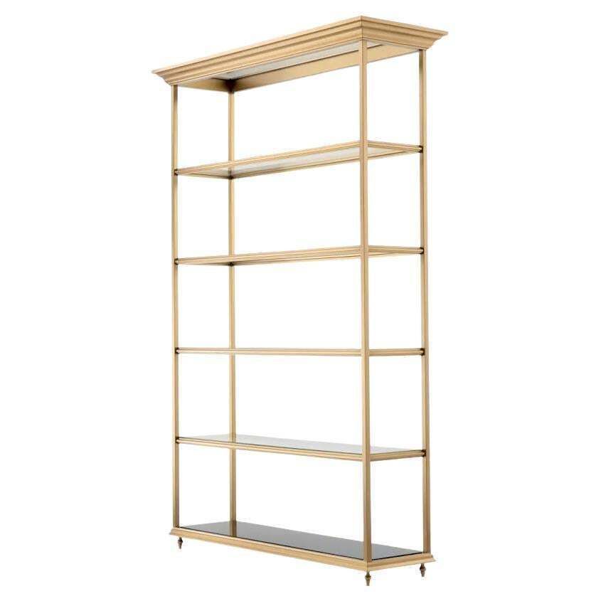 Bookcase, Shelf In Brushed Brass And Transparent Glass, Contemporary Work.