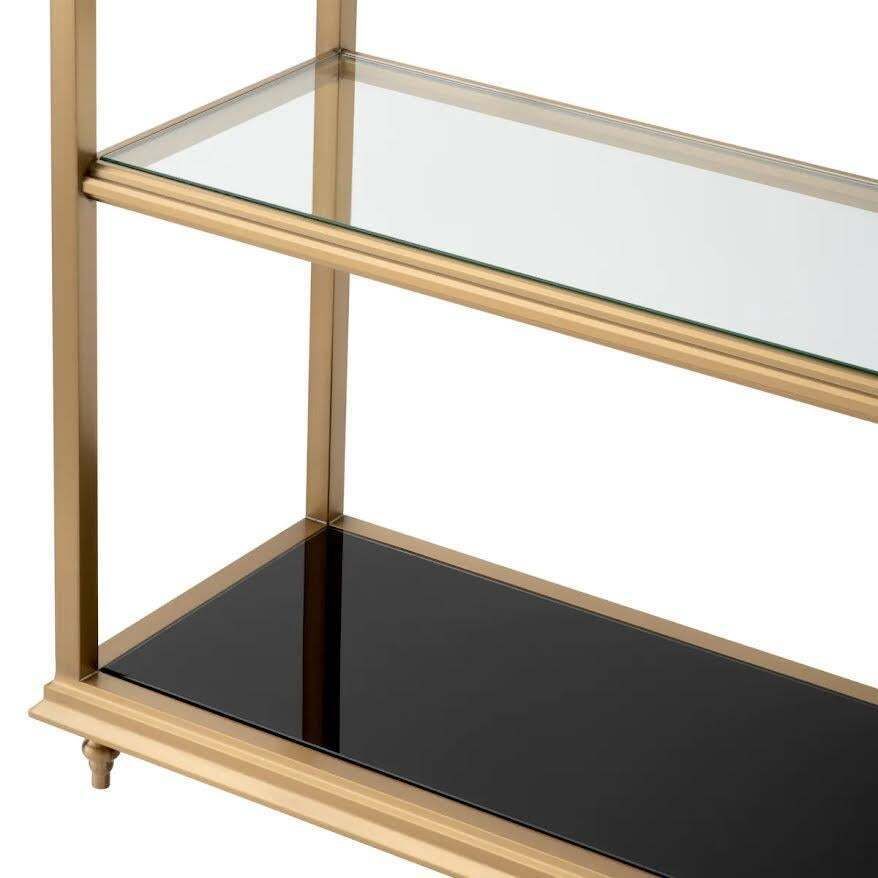 Bookcase, Shelf In Brushed Brass And Transparent Glass, Contemporary Work. photo furniture