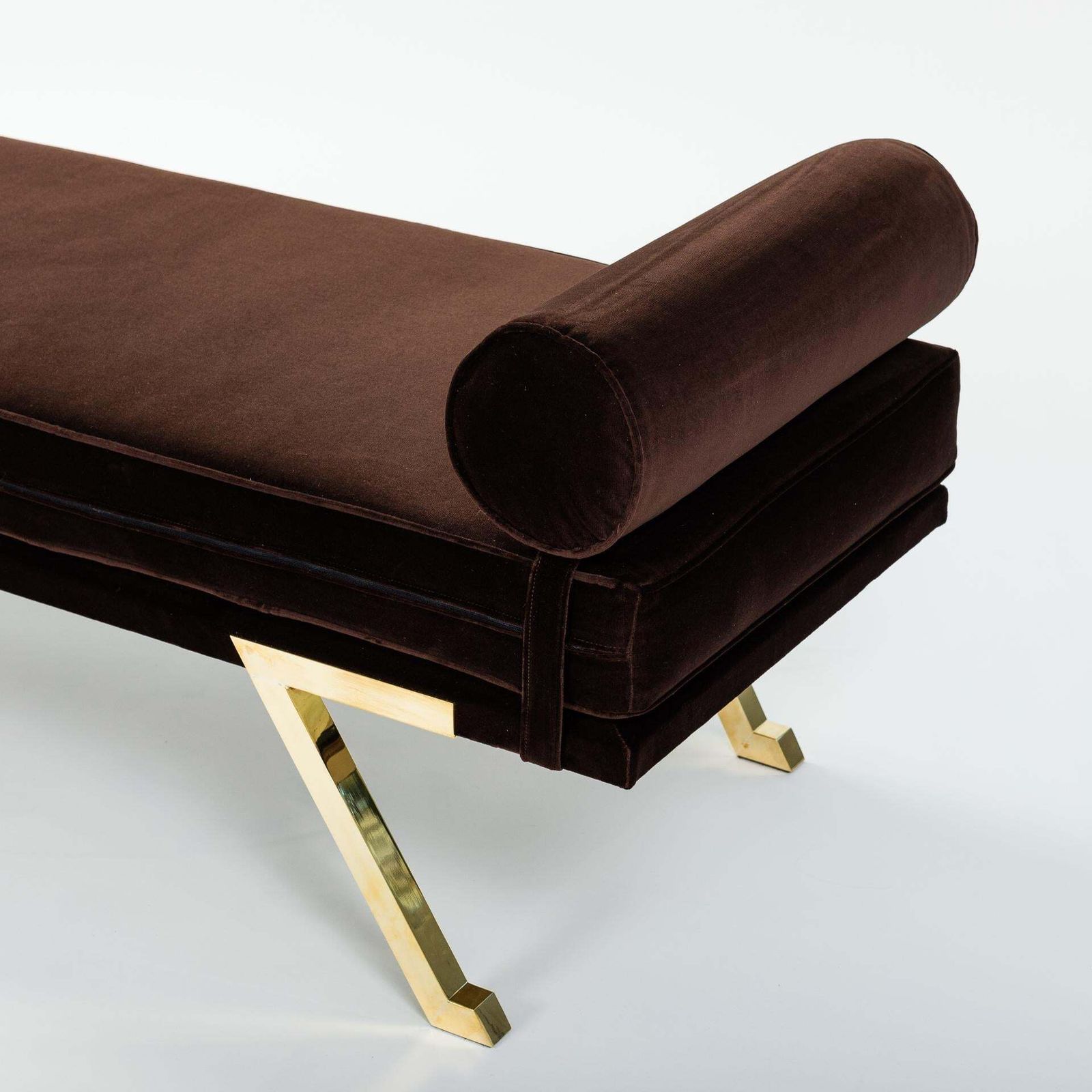 Furniture Italian Mid Century Daybed / Bench Brass Legs, Chocolate Brown Velvet 1970s photo