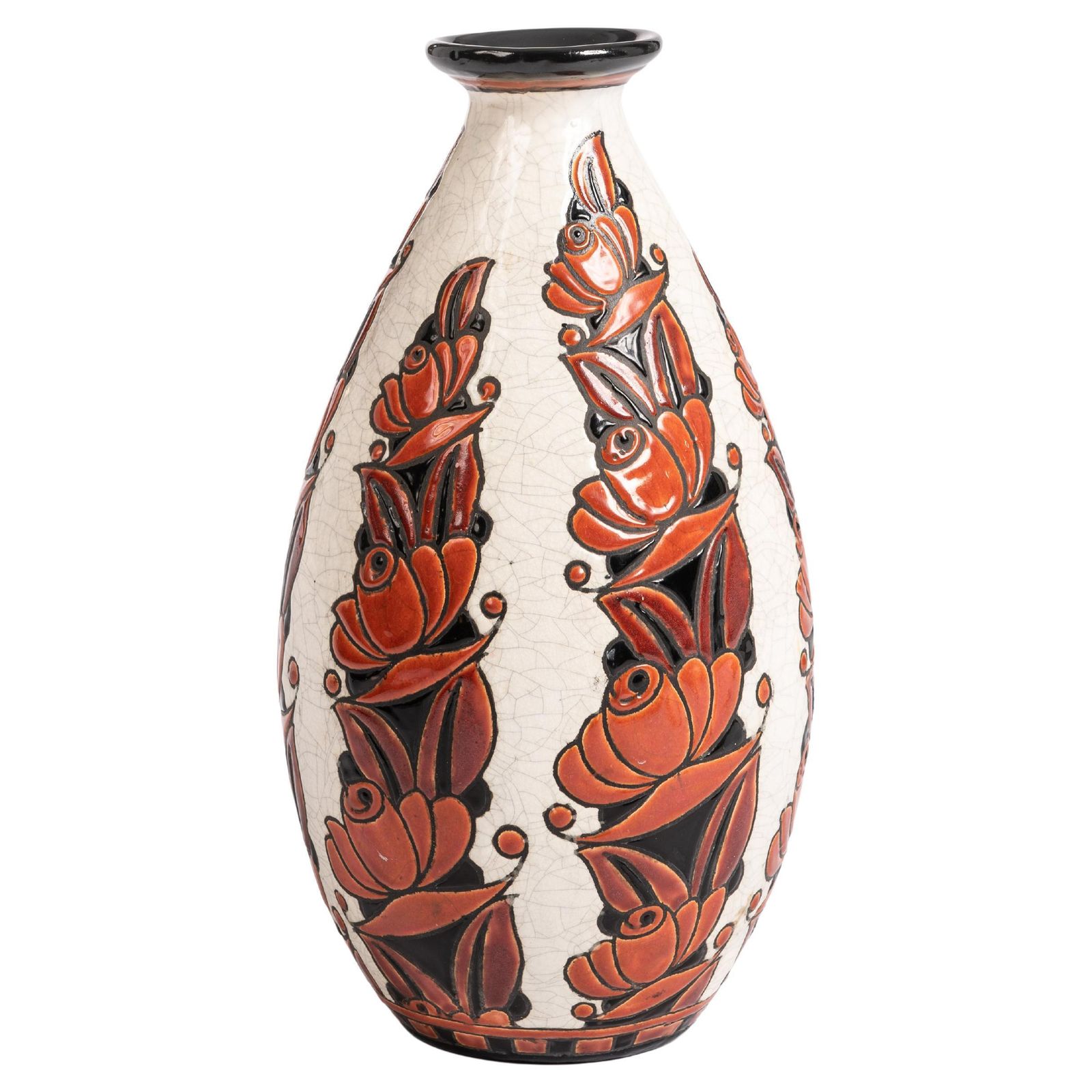 Large Art Deco Ceramic Vase In Orange Red Black Beige By Boch Frères Belgium 30s