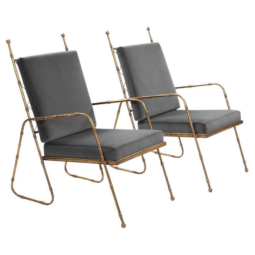 Pair Of French Mid Centruy Gilt Iron Faux Bamboo Armchairs Grey Velvet 1980s photo furniture