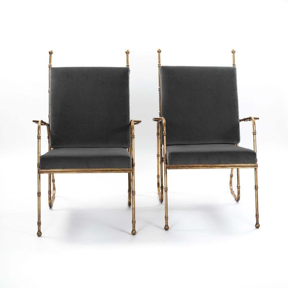 Pair Of French Mid Centruy Gilt Iron Faux Bamboo Armchairs Grey Velvet 1980s photo for sale