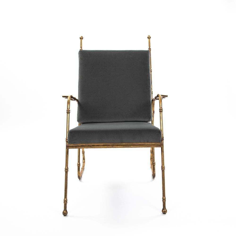Pair Of French Mid Centruy Gilt Iron Faux Bamboo Armchairs Grey Velvet 1980s photo 7566.0