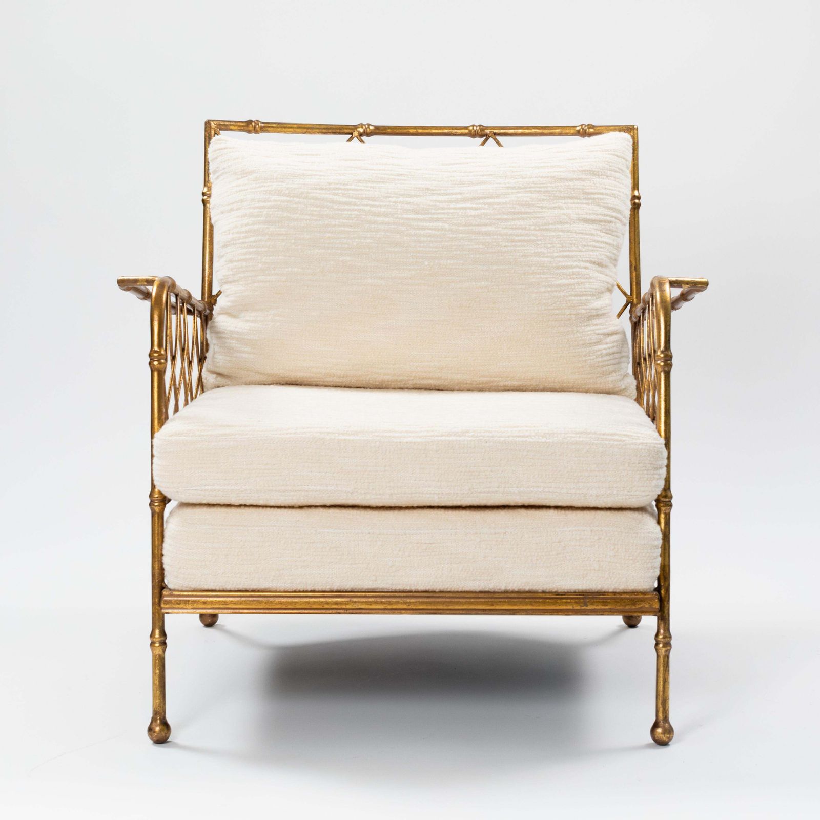 Pair Of French Mid Centruy Gilt Iron Faux Bamboo Armchairs Offwhite Linen, 1980s photo for sale