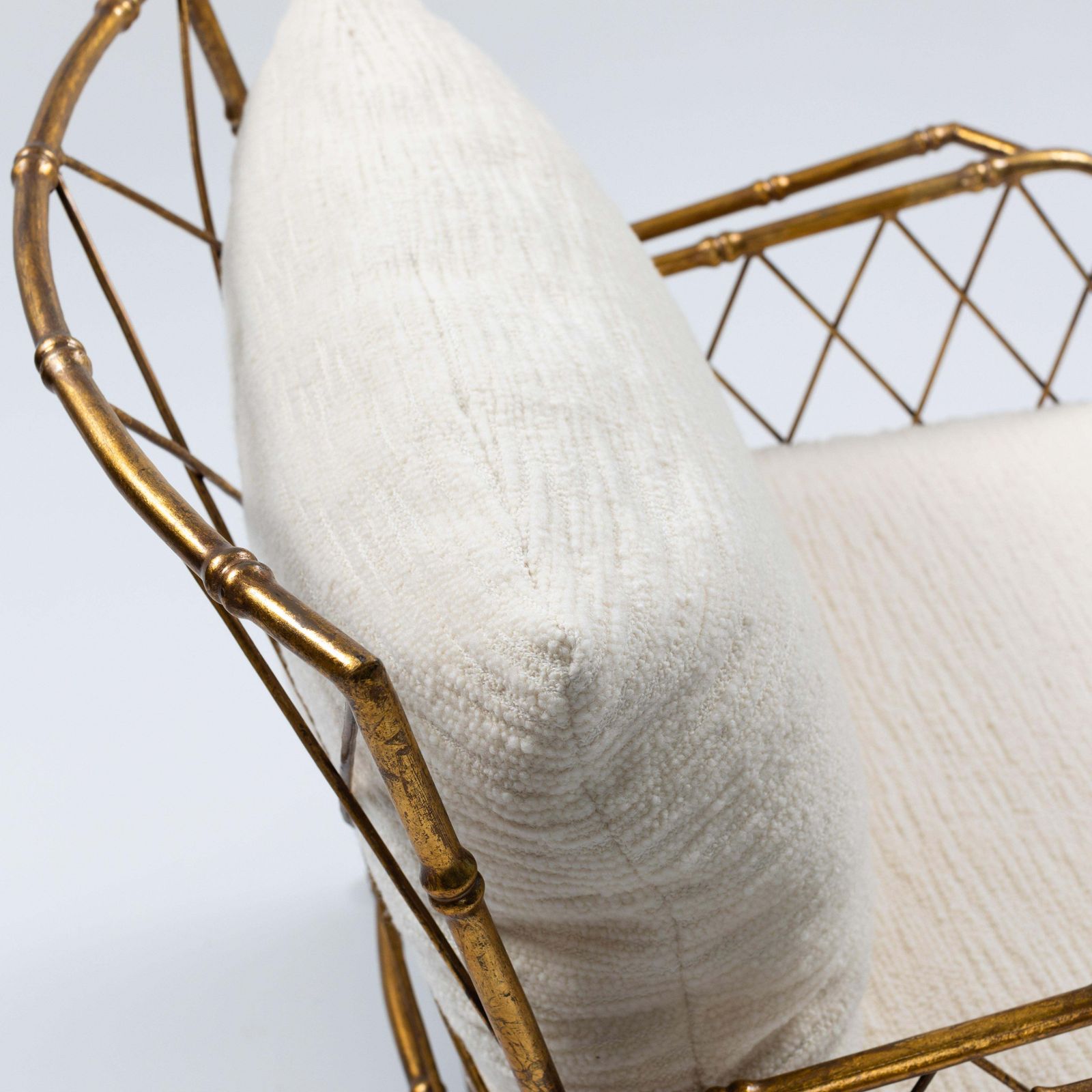 Pair Of French Mid Centruy Gilt Iron Faux Bamboo Armchairs Offwhite Linen, 1980s photo vintage