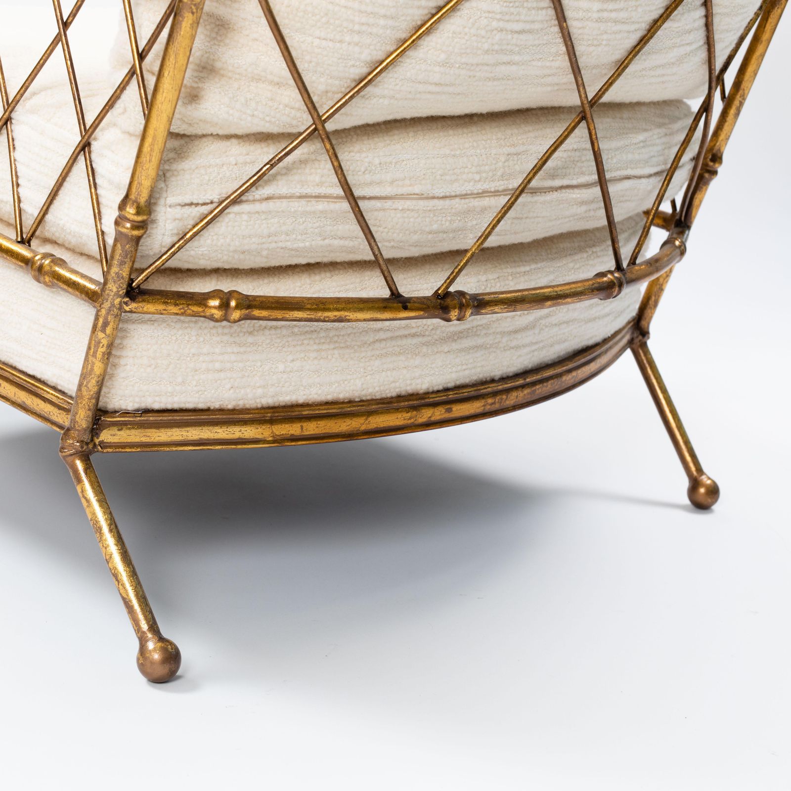 Furniture Pair Of French Mid Centruy Gilt Iron Faux Bamboo Armchairs Offwhite Linen, 1980s photo