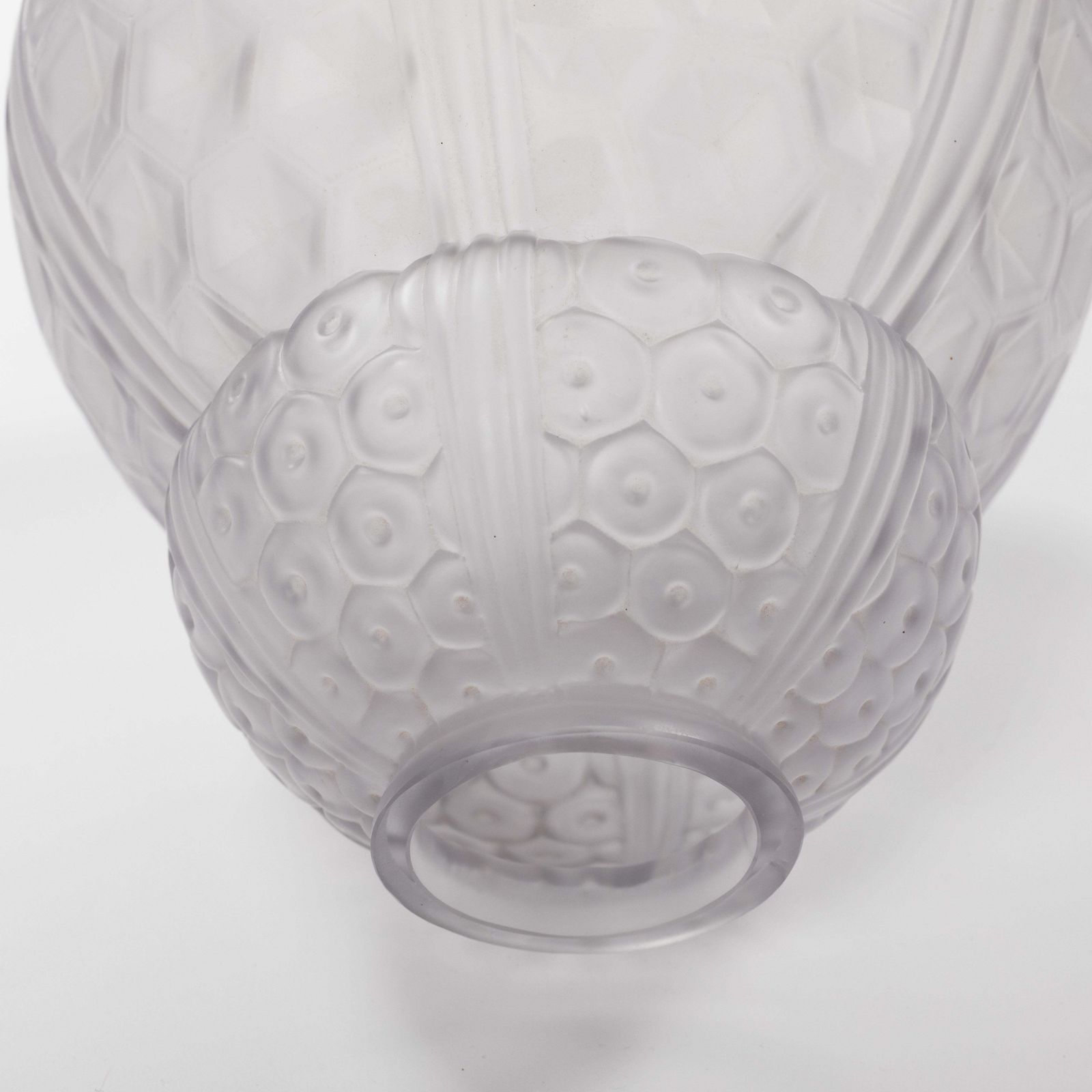 photo for sale Pair Of French Art Déco Art Glass Vases In Geometric Design By Oreor, 1930s