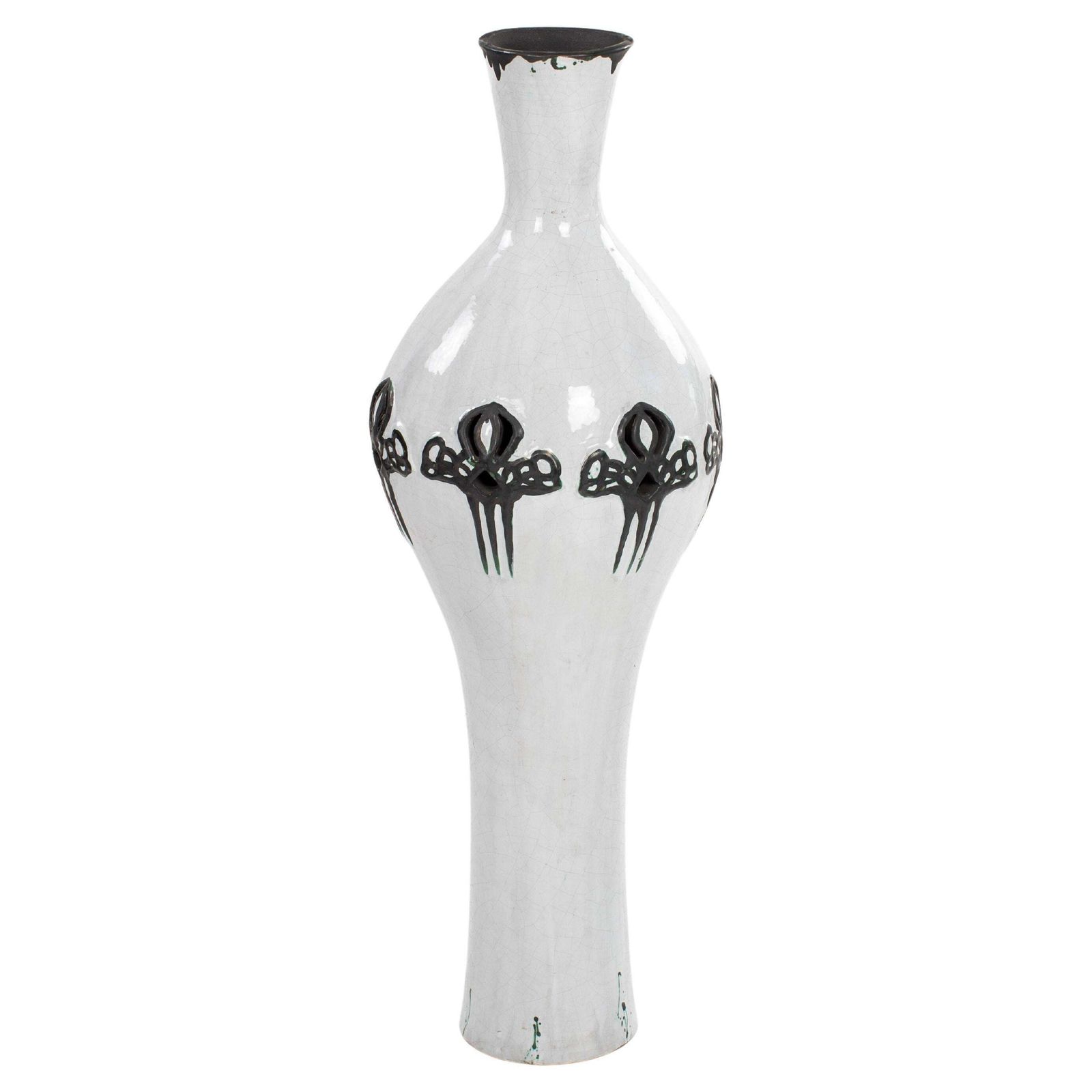 Italian Mid Century Black And White Vase In Raku Design, Signed Marioni 1970s