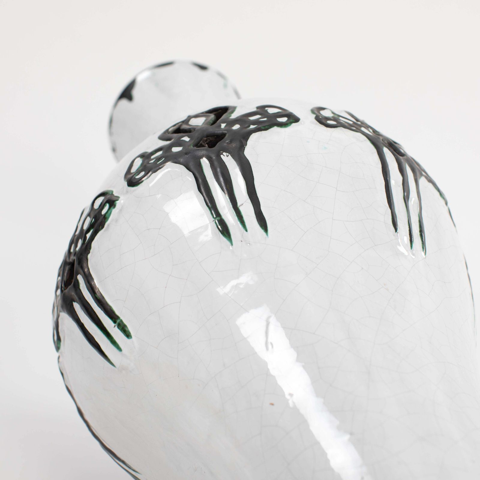 Home Decor Italian Mid Century Black And White Vase In Raku Design, Signed Marioni 1970s photo