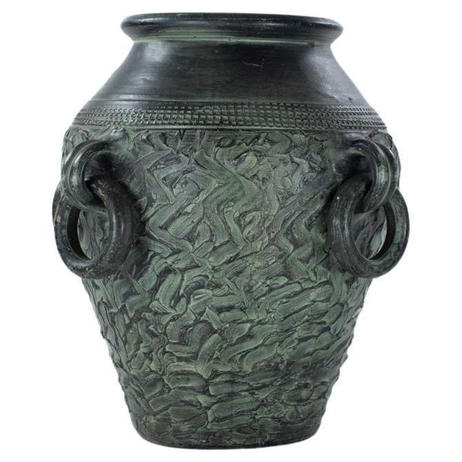 French Large Mid Century Vintage Ceramic Vase Object In Fir Green Signed 1950s