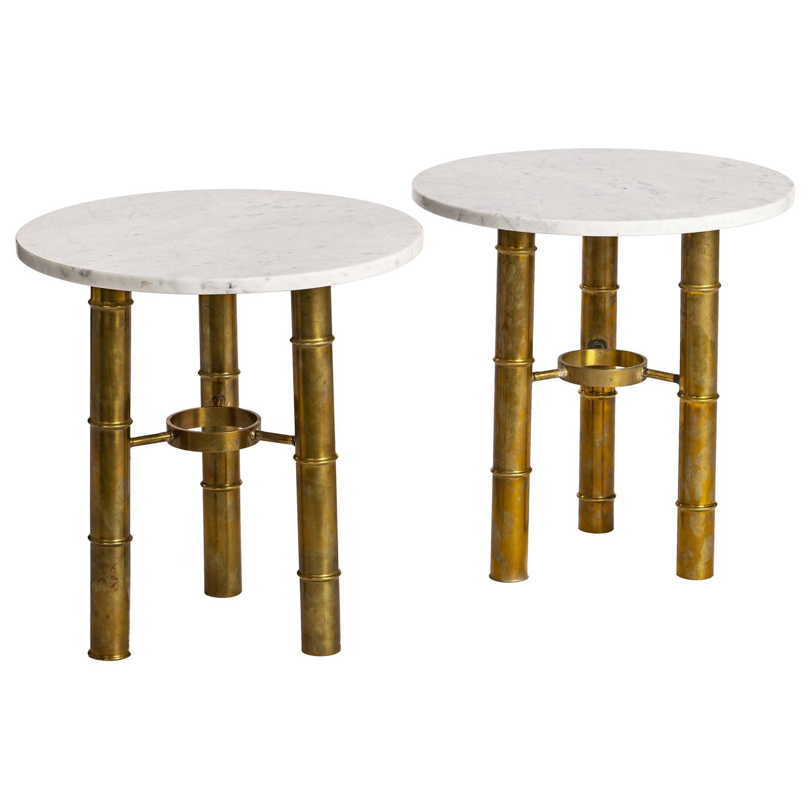 Pair Of French Mid Century Side Tables Brass Bamboo Design White Marble Top 70s