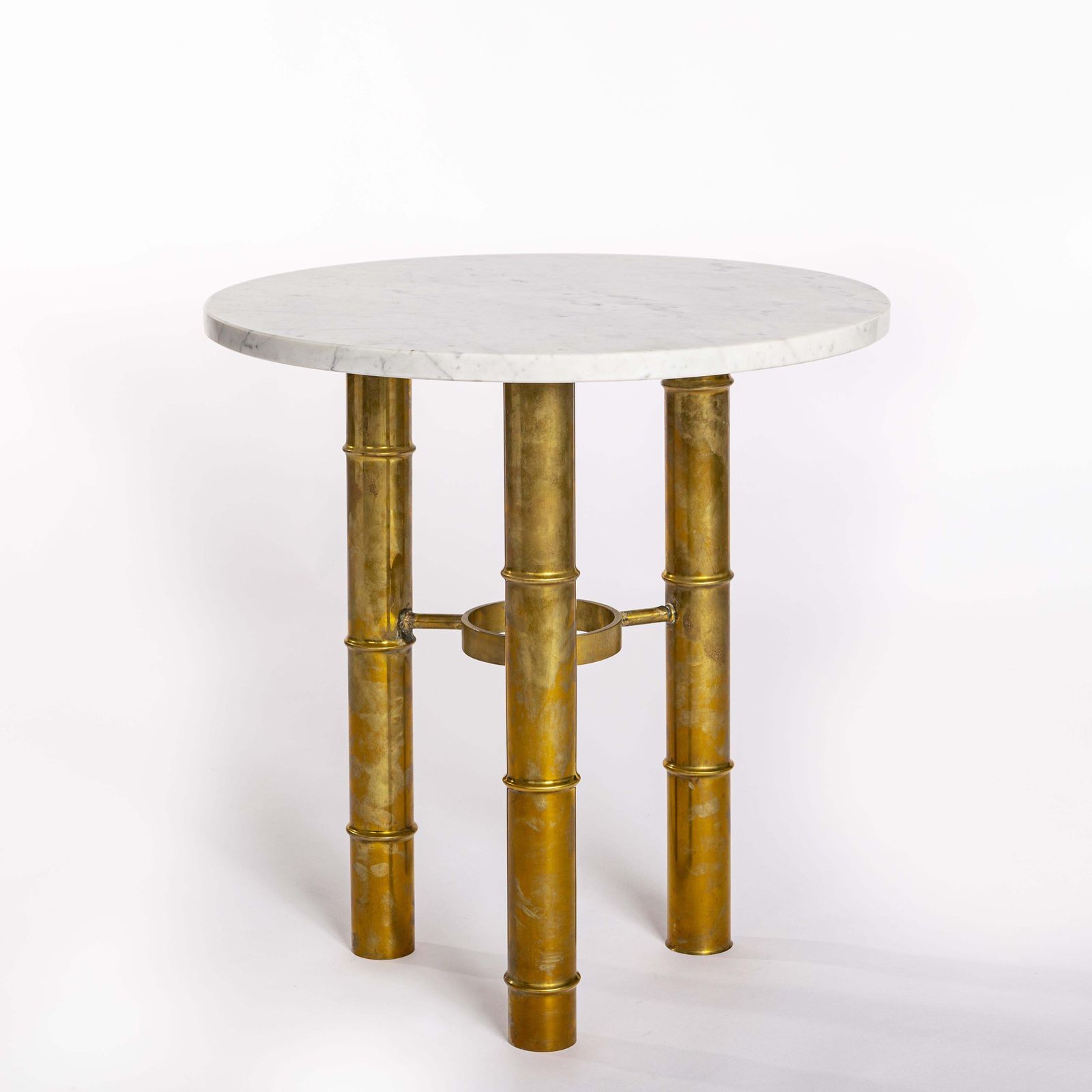 Pair Of French Mid Century Side Tables Brass Bamboo Design White Marble Top 70s photo 2923.0