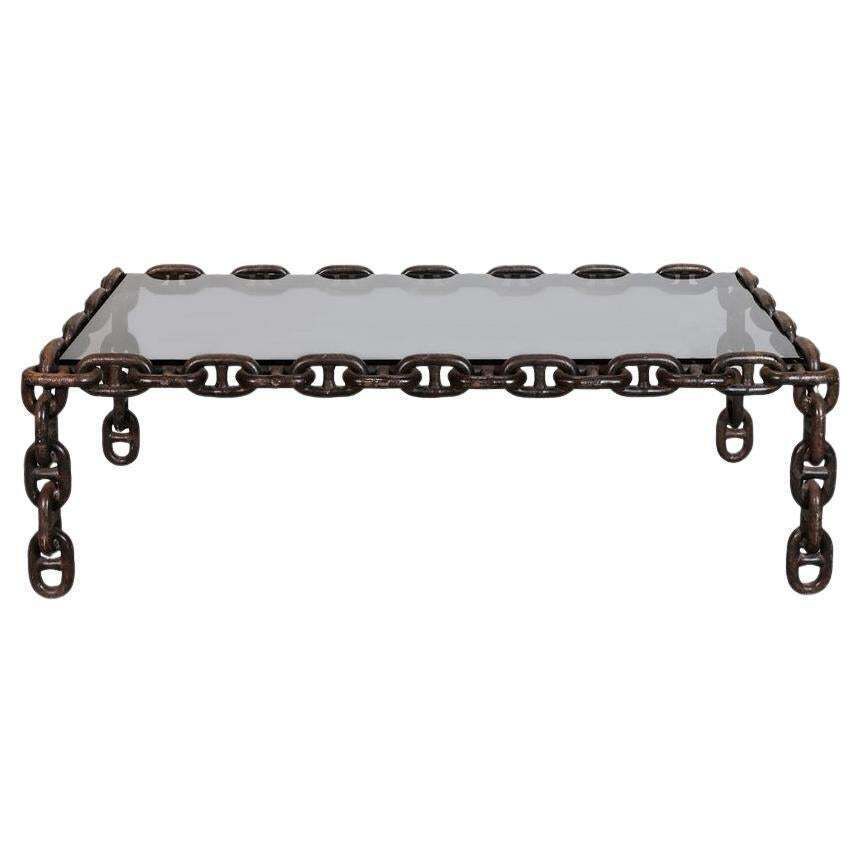 French Brutalist Iron "Chain" Coffee Table Smoked Glass Top, France 1960s