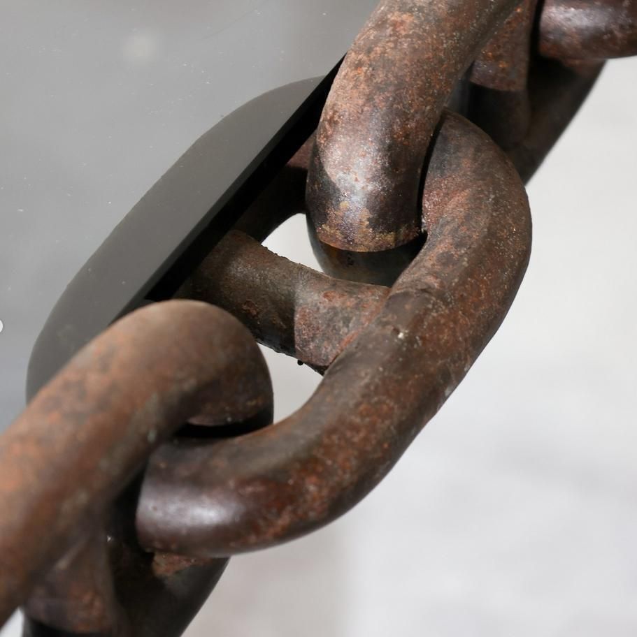 French Brutalist Iron "Chain" Coffee Table Smoked Glass Top, France 1960s photo Furniture