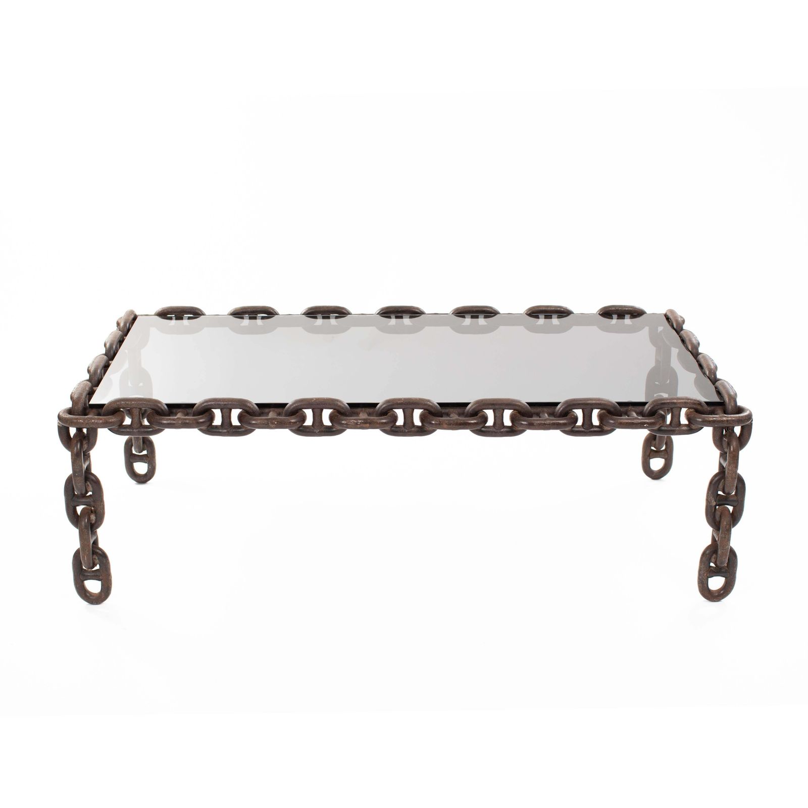 French Brutalist Iron "Chain" Coffee Table Smoked Glass Top, France 1960s photo vinterior