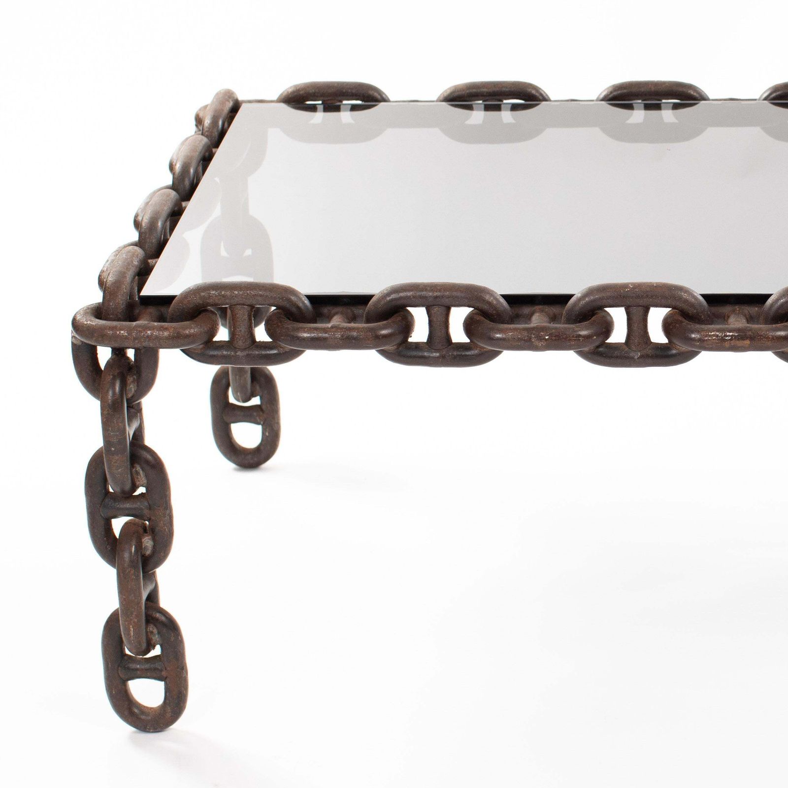 French Brutalist Iron "Chain" Coffee Table Smoked Glass Top, France 1960s photo vintage