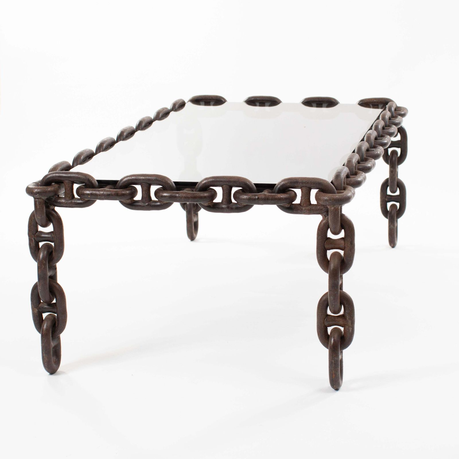 photo furniture French Brutalist Iron "Chain" Coffee Table Smoked Glass Top, France 1960s