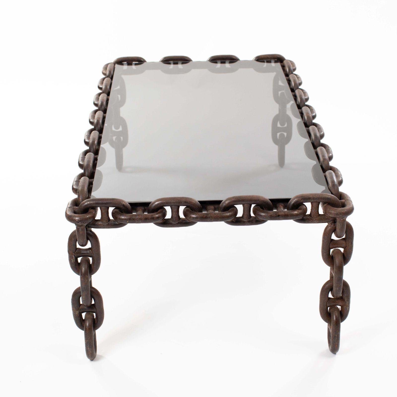 photo for sale French Brutalist Iron "Chain" Coffee Table Smoked Glass Top, France 1960s