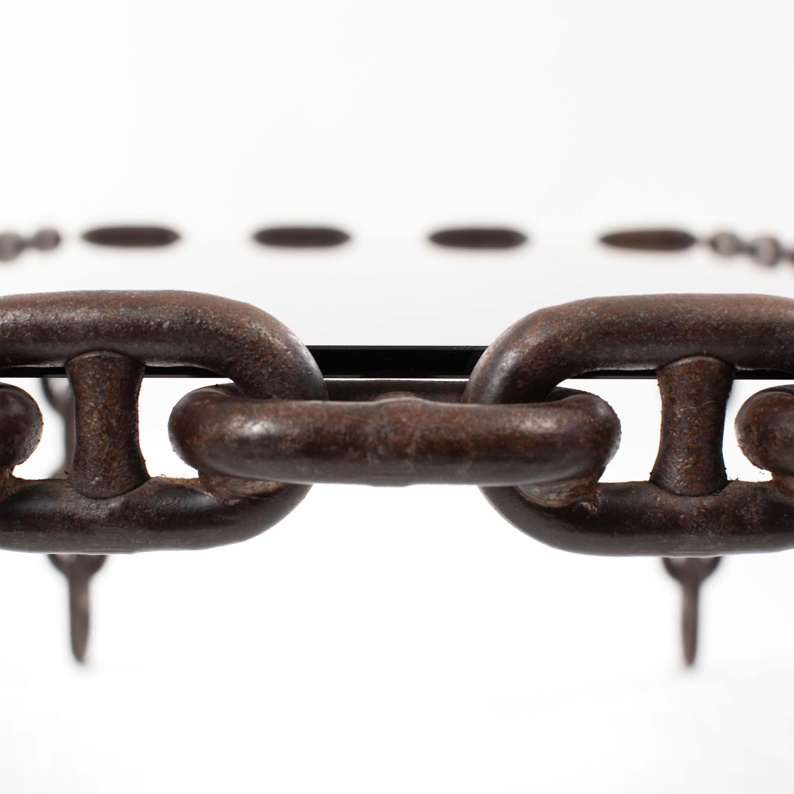 photo vintage French Brutalist Iron "Chain" Coffee Table Smoked Glass Top, France 1960s