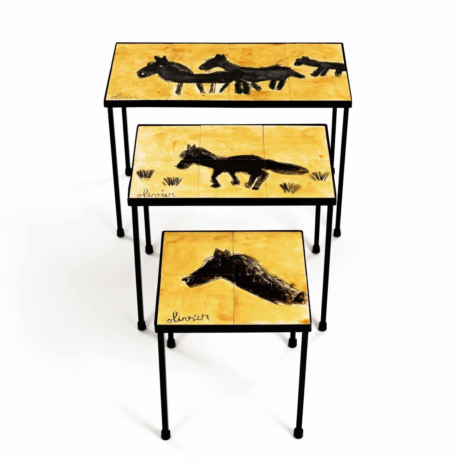 3 French Mid Century Ceramic Nesting Tables In Yellow Black, Signed Olivier photo for sale