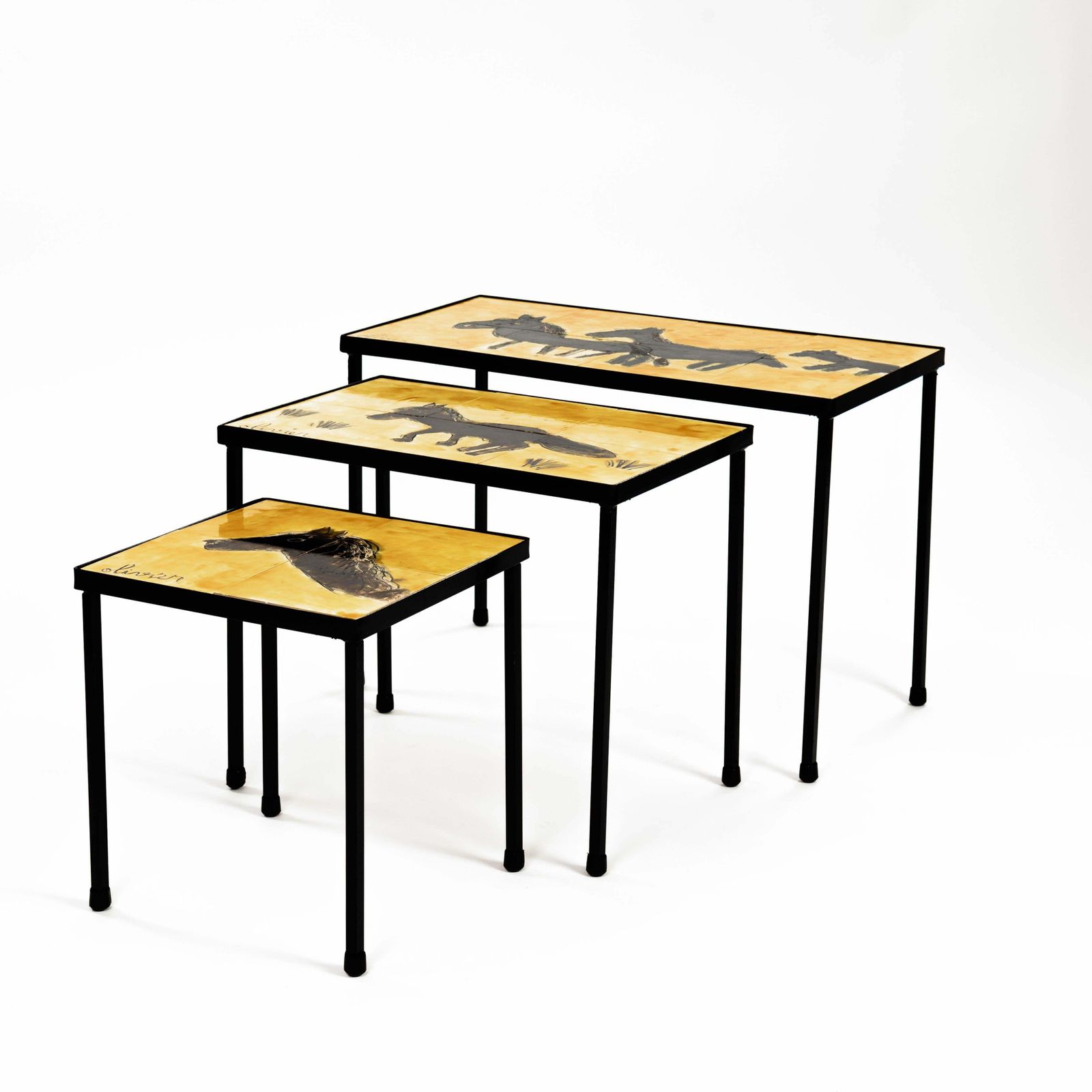3 French Mid Century Ceramic Nesting Tables In Yellow Black, Signed Olivier photo buy