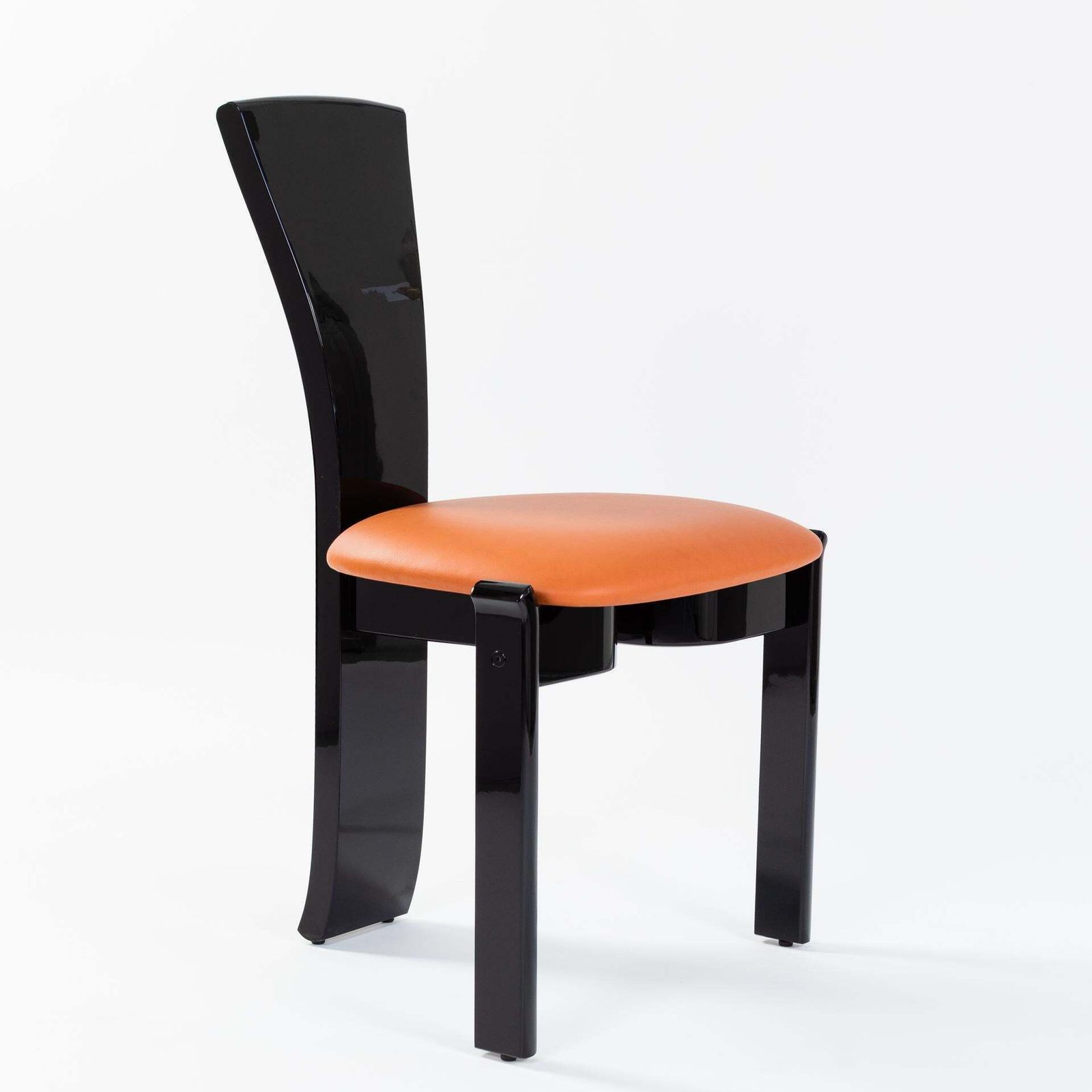 6 French Mid Century Dining Room Chairs Black Lacquer Hermès Colored Leather photo Furniture