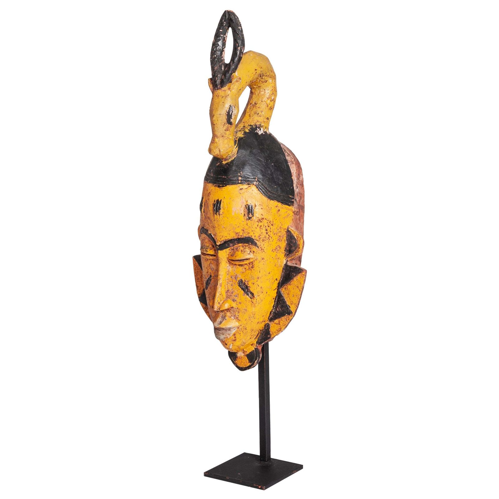 Mid Century Baoule Tribal Mask In Yellow Black With Antelope Head Decoration